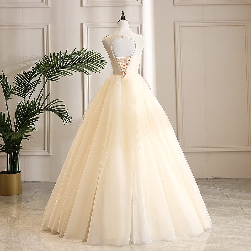 Champagne tulle lace long prom gown formal dress 8250