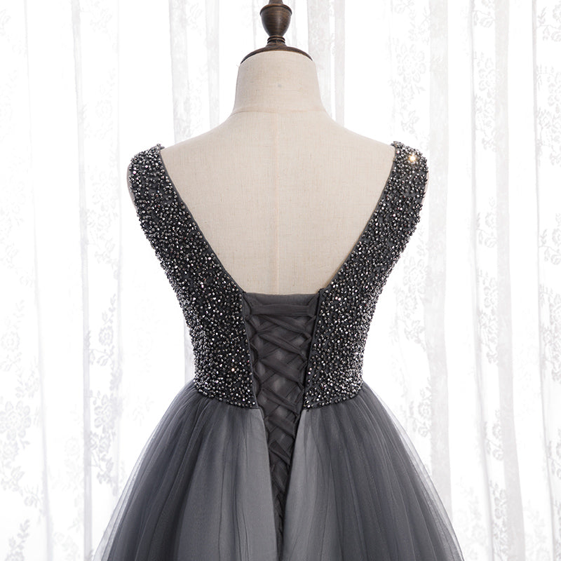 Gray v neck tulle beads long prom dress 8159