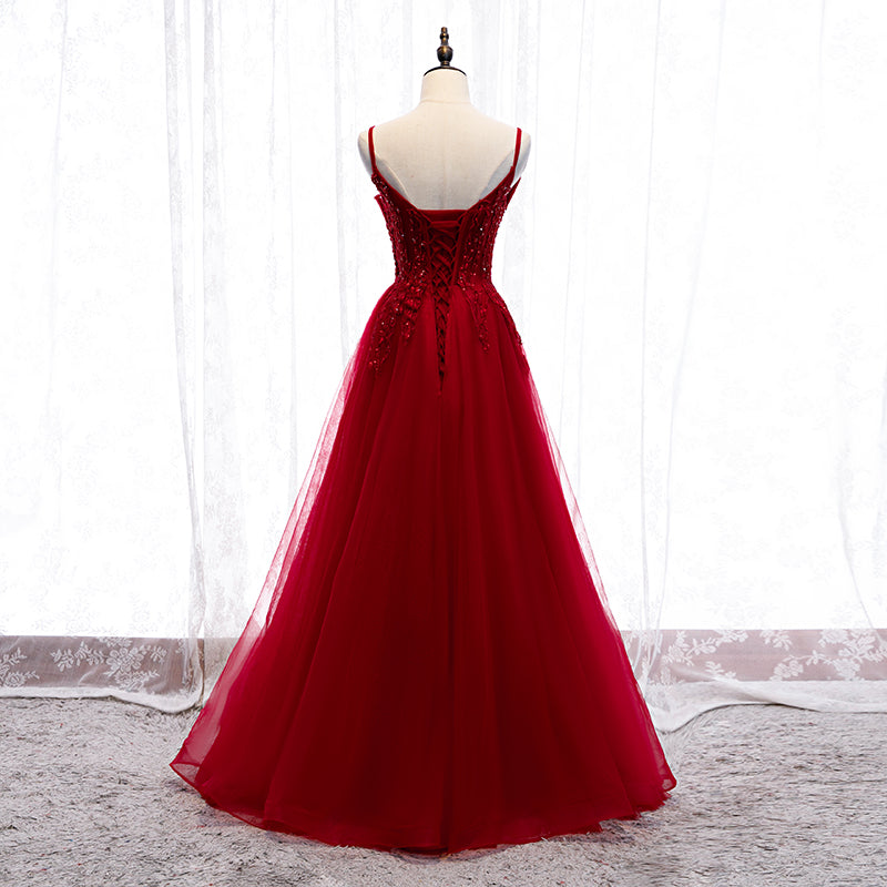 Burgundy tulle lace long prom dress 8316