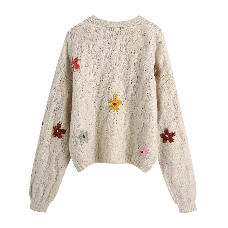 V-Neck long sleeve floral embroidery loose knit coat 7727