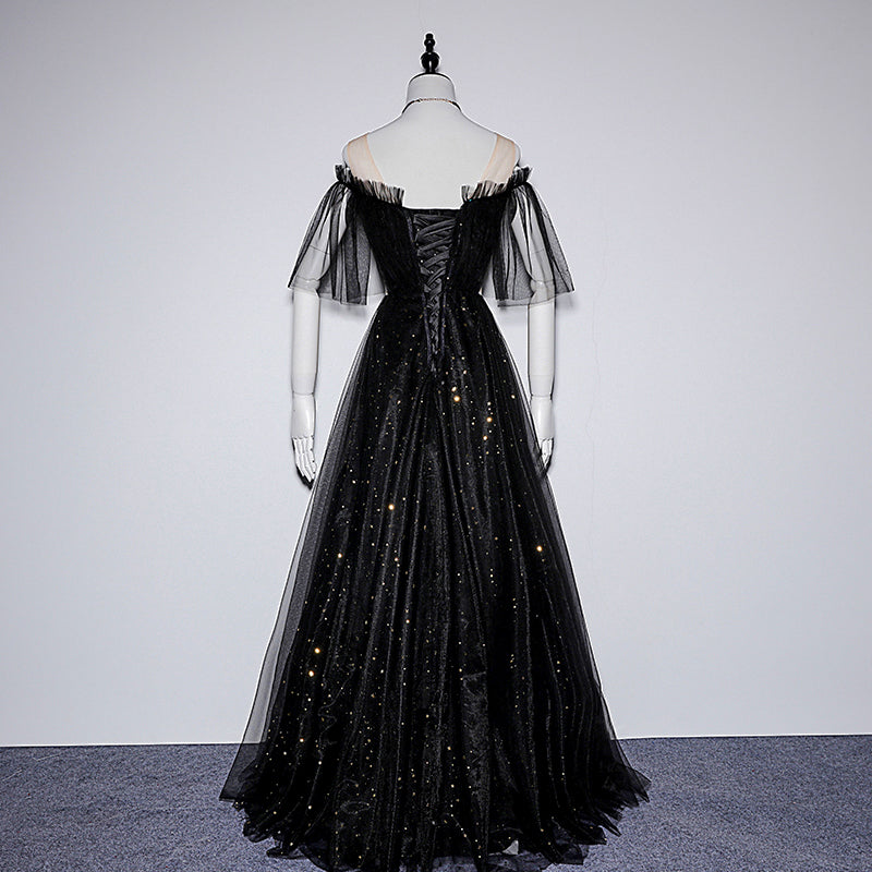 Schwarzes, glänzendes, elegantes, modisches Tüll-Ballkleid mit langen Pailletten, Abendkleid 8092