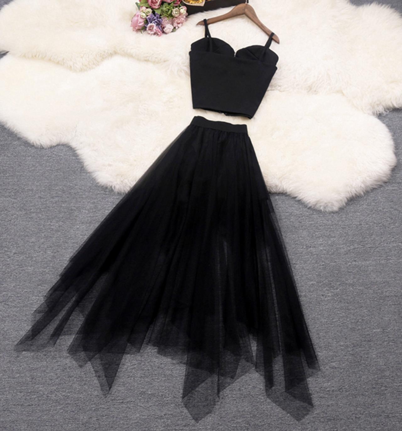 Black A line tulle two pieces dress fashion dress 680
