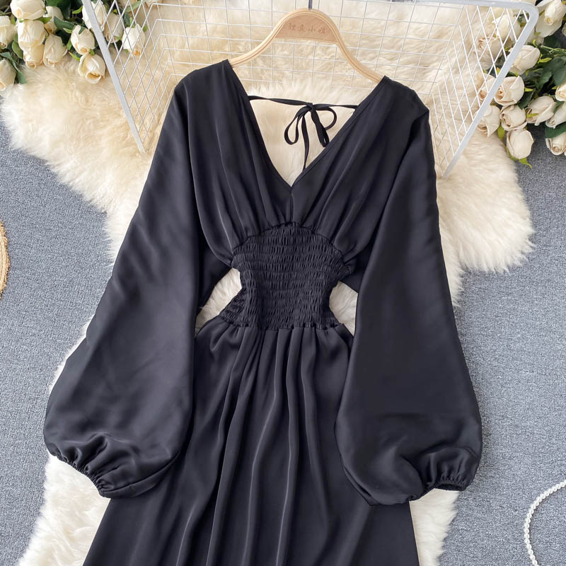 Süßes Langarmkleid mit V-Ausschnitt, Modekleid 407
