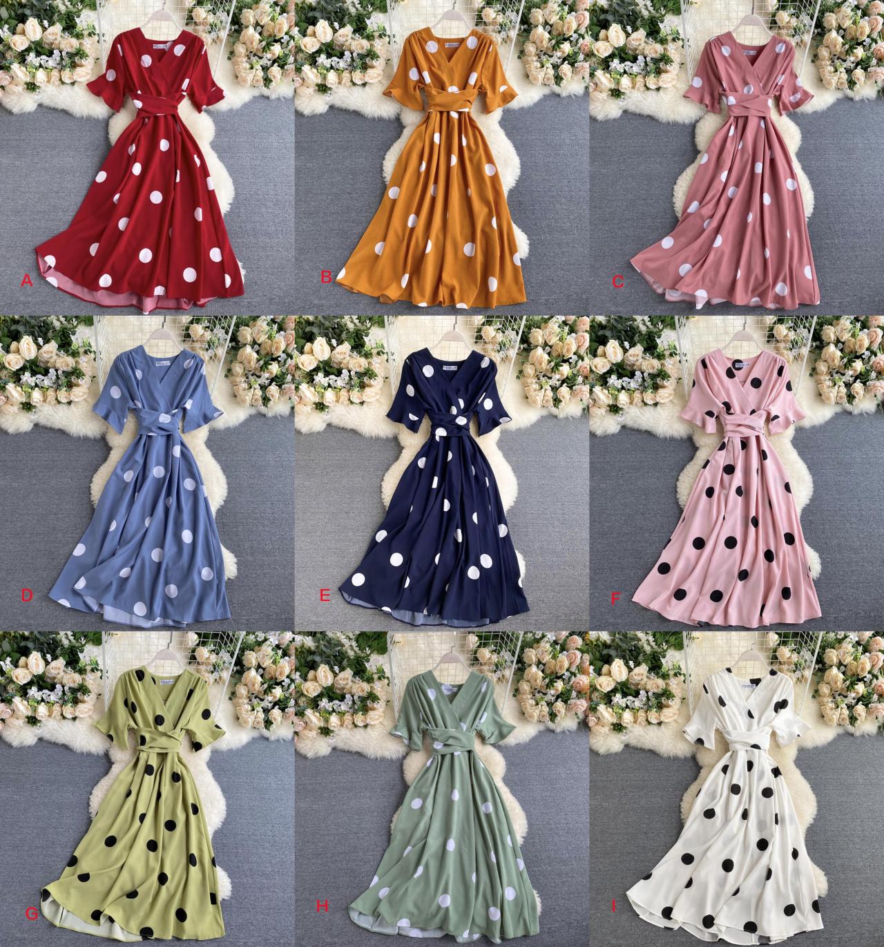 Simple v neck polka dot dress fashion dress 646