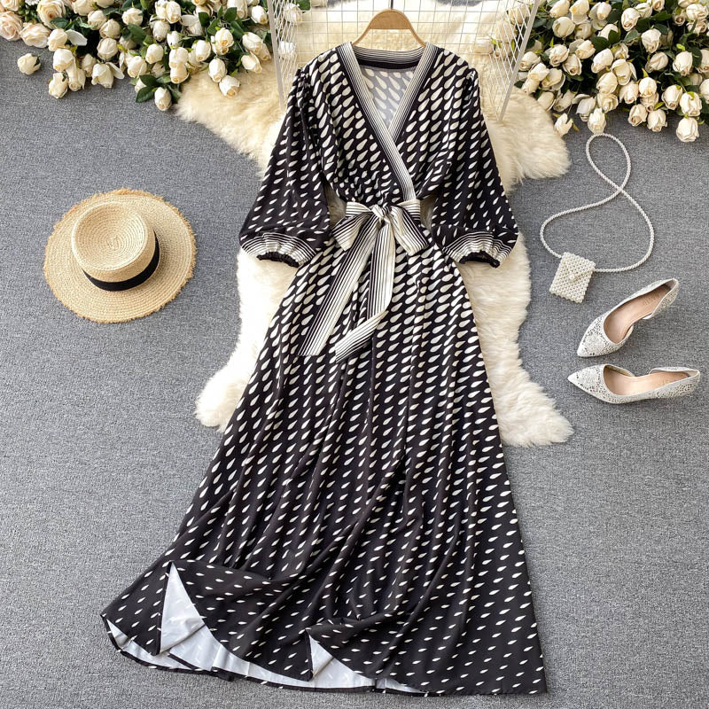 New gradient color polka dot temperament mid-sleeve lace-up waist dress 596