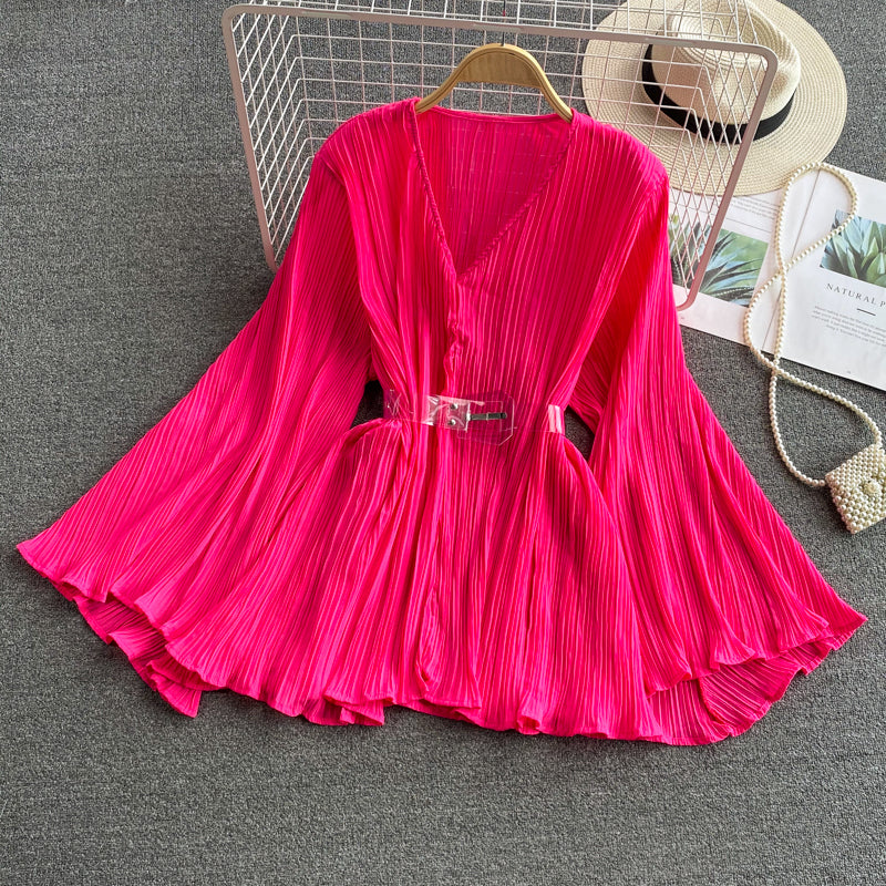 New v-neck pleated chiffon flared sleeve top 312