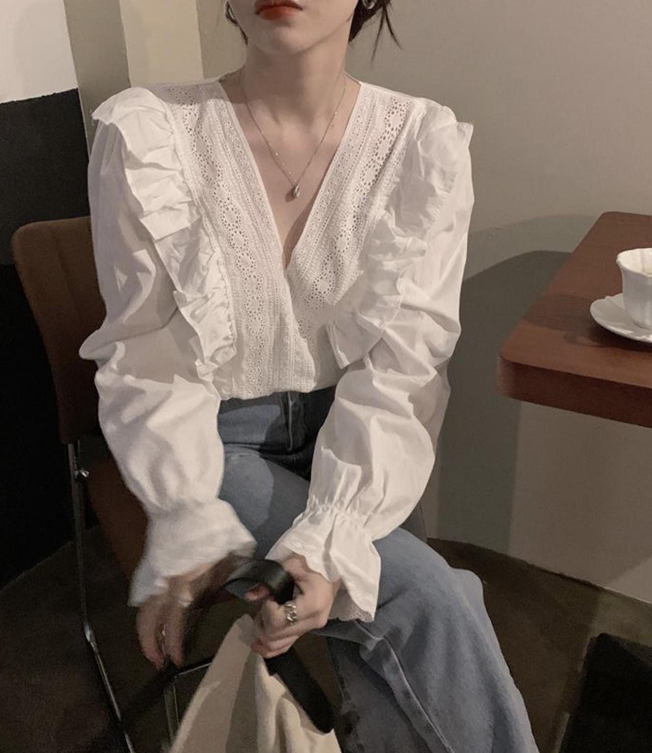 White v neck long sleeve tops 257