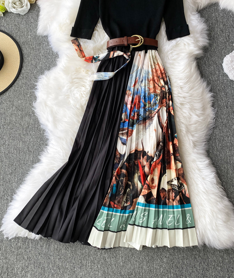 A line knitted patchwork dress printed dress 201