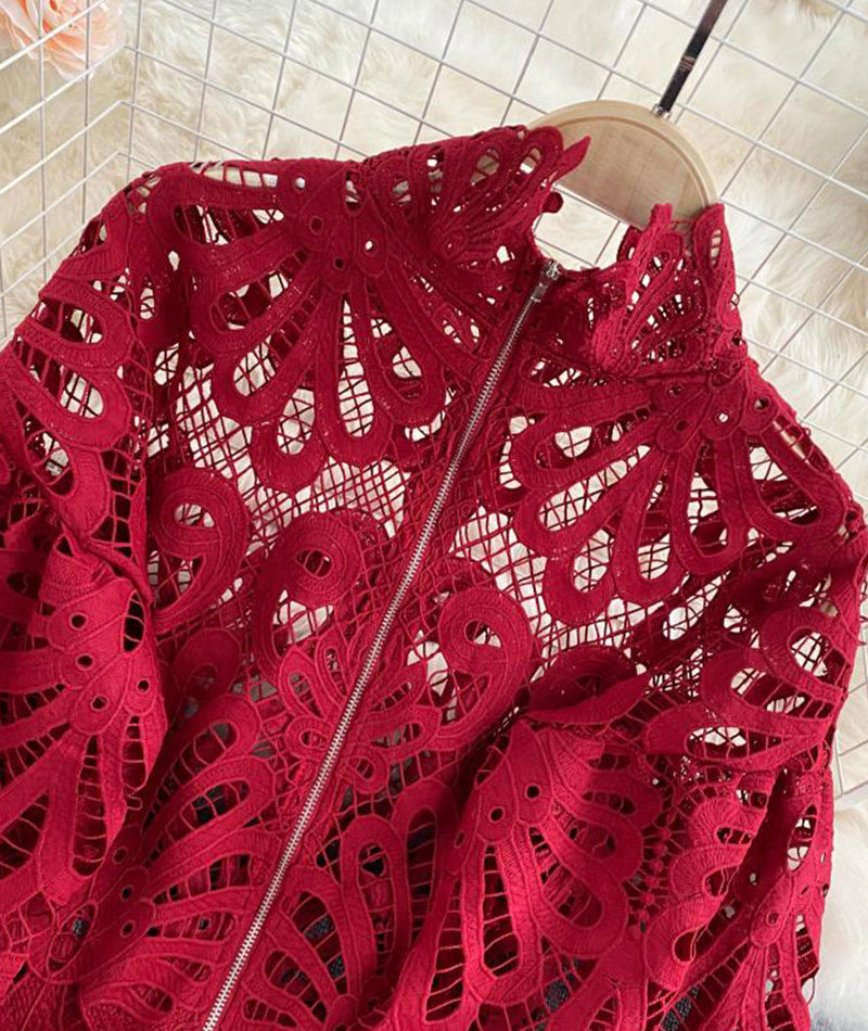 Stylish hollow lace top puff sleeve top 381