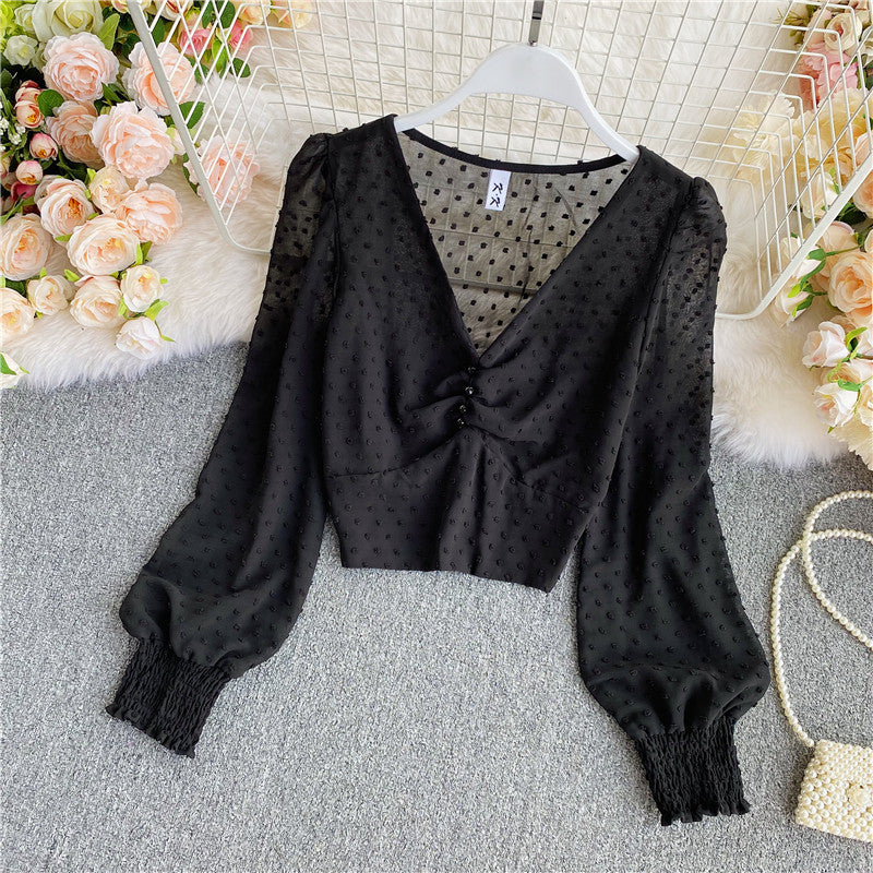 Cute v neck long sleeve crop tops 311