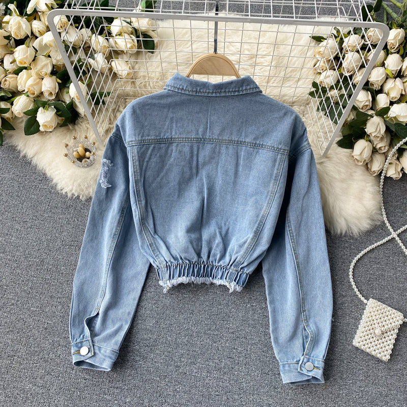 Haut court à manches longues en denim bleu 246