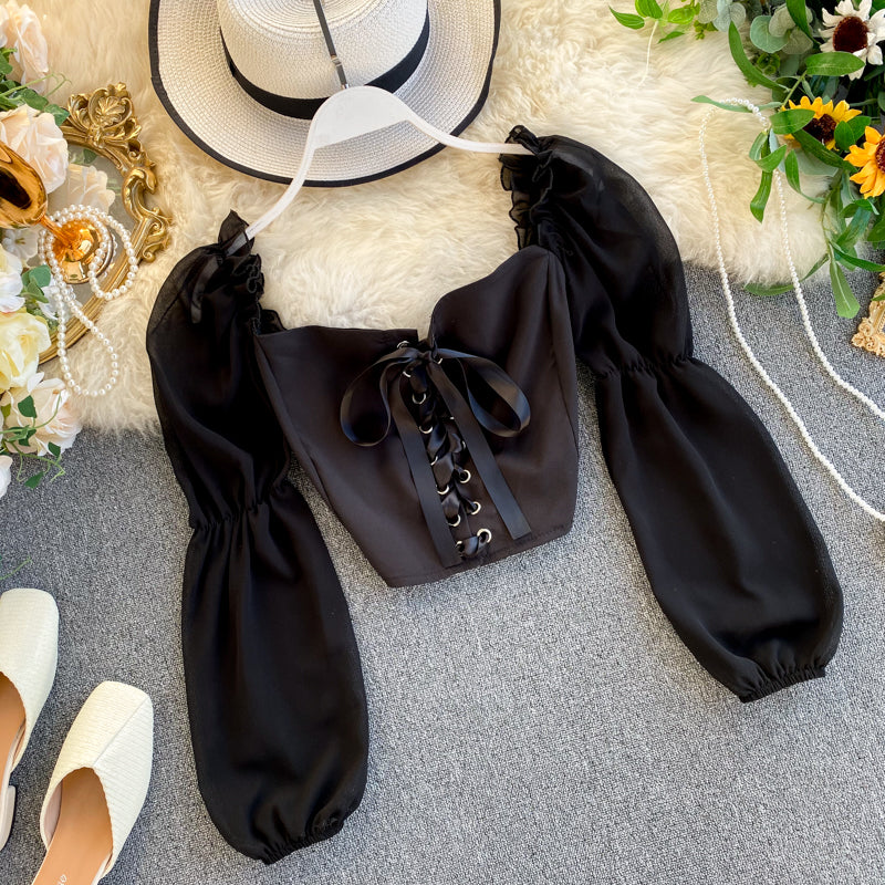 Cute lace-up tops long sleeve tops 318