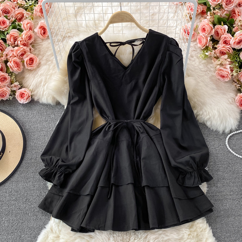 Süßes Langarmkleid mit V-Ausschnitt, Modekleid 408