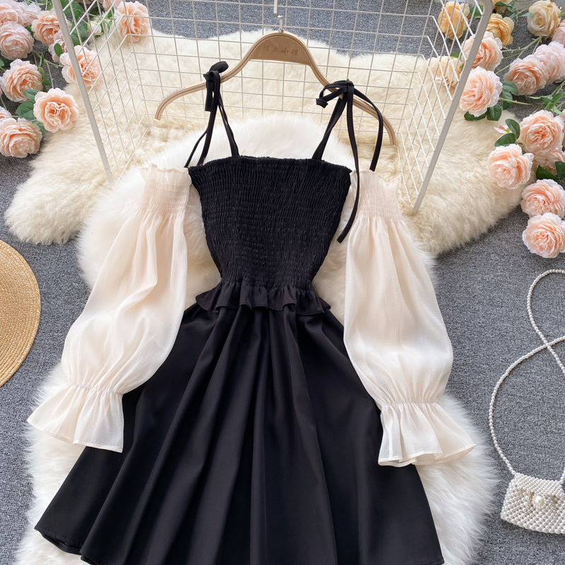 Schwarzes A-Linien-Langarmkleid Modekleid 431