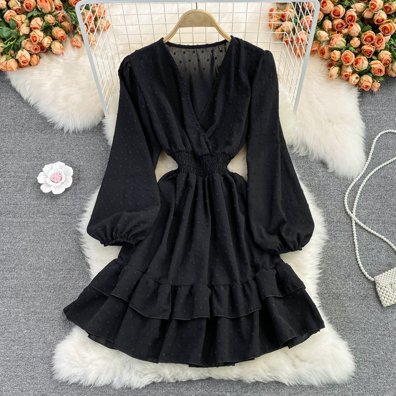 Süßes Langarmkleid mit V-Ausschnitt, Modekleid 413