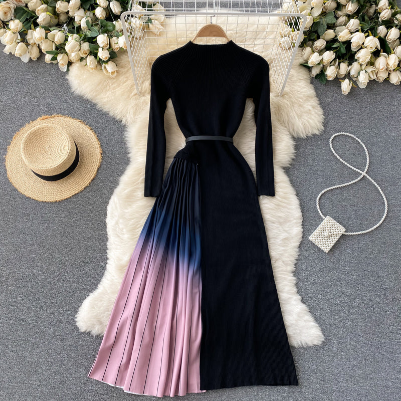 Robe noire à manches longues en tricot coupe trapèze 162