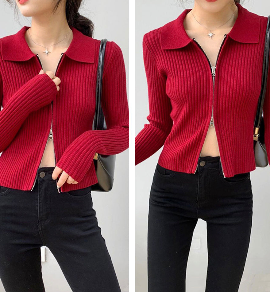 Fashionable zipper long sleeve sweater short cardigan sweater 115