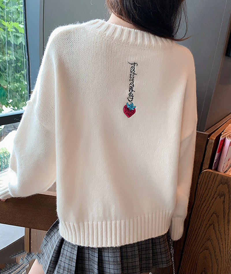 Süßer lockerer Pullover mit Rundhalsausschnitt, Erdbeerstickerei, Langarmpullover 108