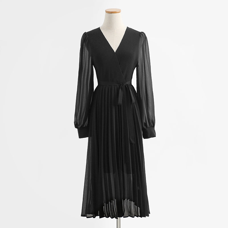 Dress V Neck Long Sleeve knee bottomed skirt pleated patchwork tea break skirt 2140