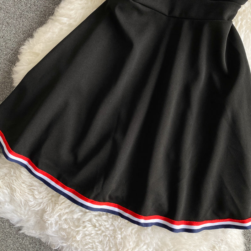 Navy V-neck open chest sexy short sleeve dress 2840