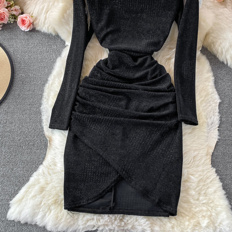 Tassel stitched bright silk irregular fold wrap hip round neck dress 3093
