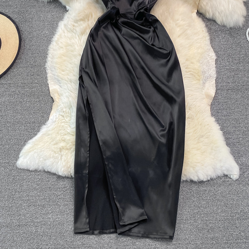 V-neck suspender dress fashion medium length split Hip Bag 3129