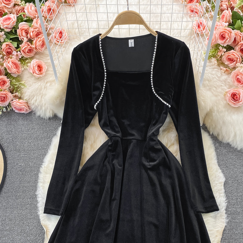 Hepburn style waist closed to show thin temperament, large swing skirt 3237