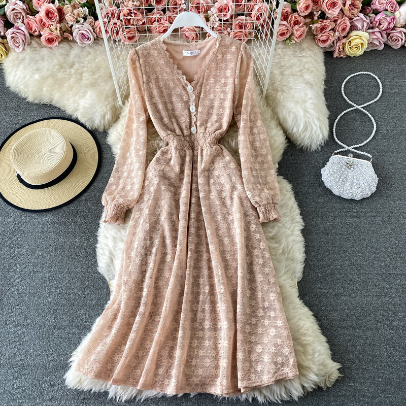 Women's dress with narrow waist and solid color bubble sleeve lace 3420