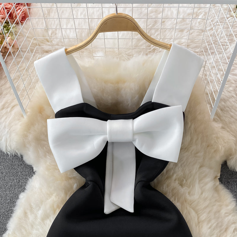 Light luxury celebrity dress open back suspender skirt large bow slim fit 2730