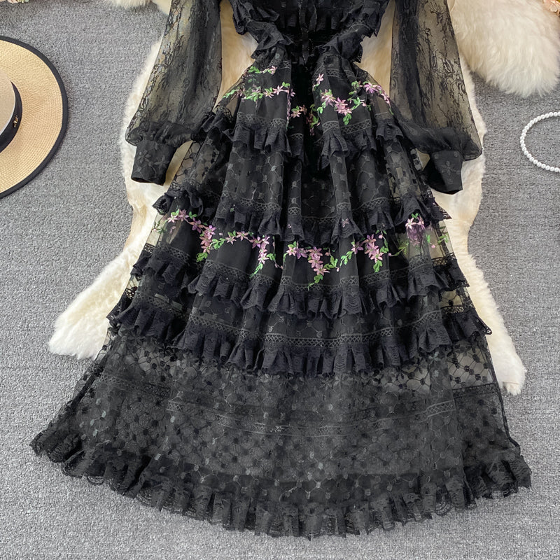 Light luxury stand collar embroidered lace dress 3370