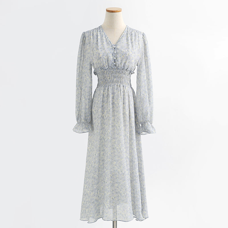 Long sleeved chiffon skirt Floral Dress 2158