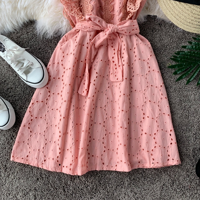Vintage Lace square neck waist slim dress 2827