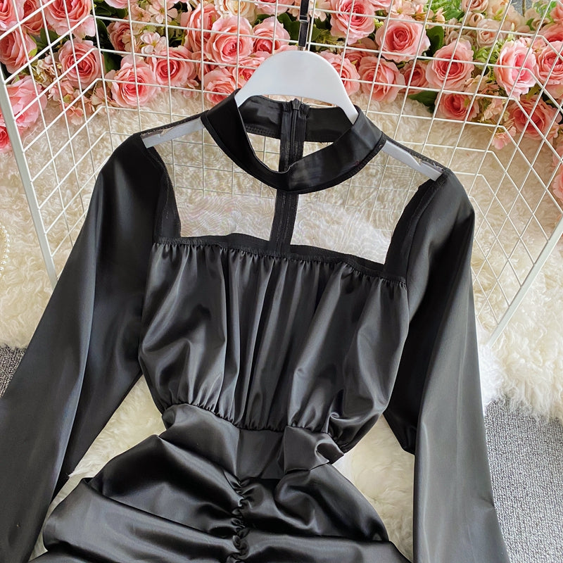 Gauze stitching thin pleated high cold imperial sister wind wrapped hip dress 3158