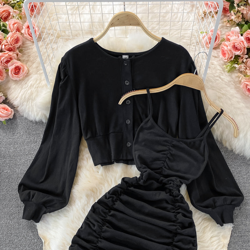 Slim suspender skirt Ruffle wrap hip dress 2859