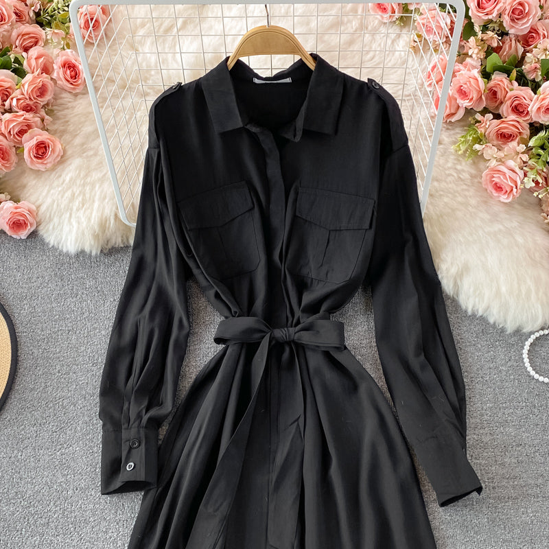 Loose and slim medium length single breasted Lapel dress 3245