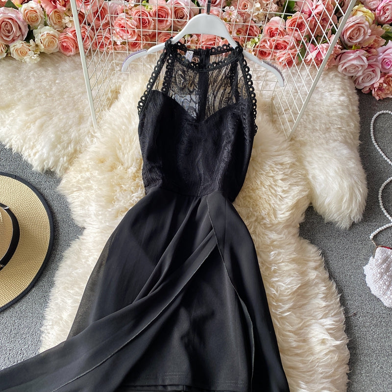 Sexy round neck hanging neck off shoulder slim Chiffon split skirt 3147