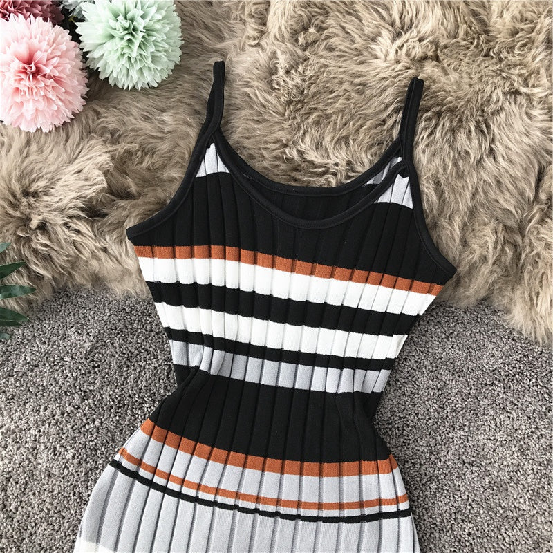 Hip Wrap color stripe suspender knit dress 3278