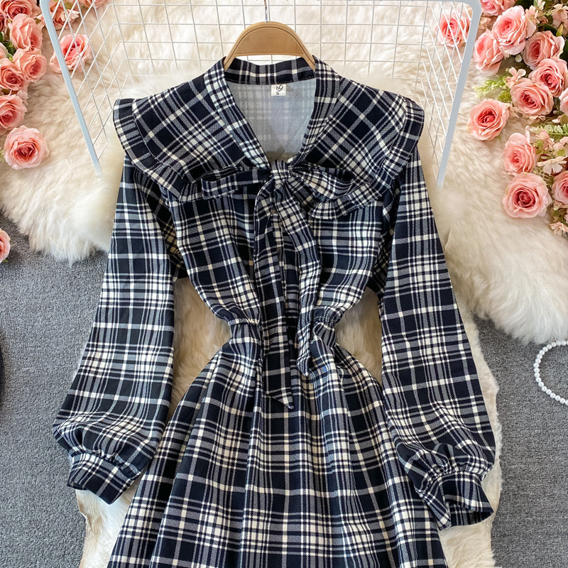 Doll neck bow tie tie mid length dress 3008