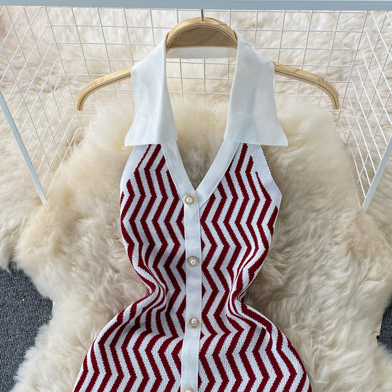 Sexy V-neck hanging neck exposed backpack hip knitted dress 3327