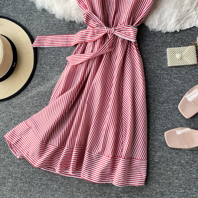 Striped light mature dress with slim waist 2947