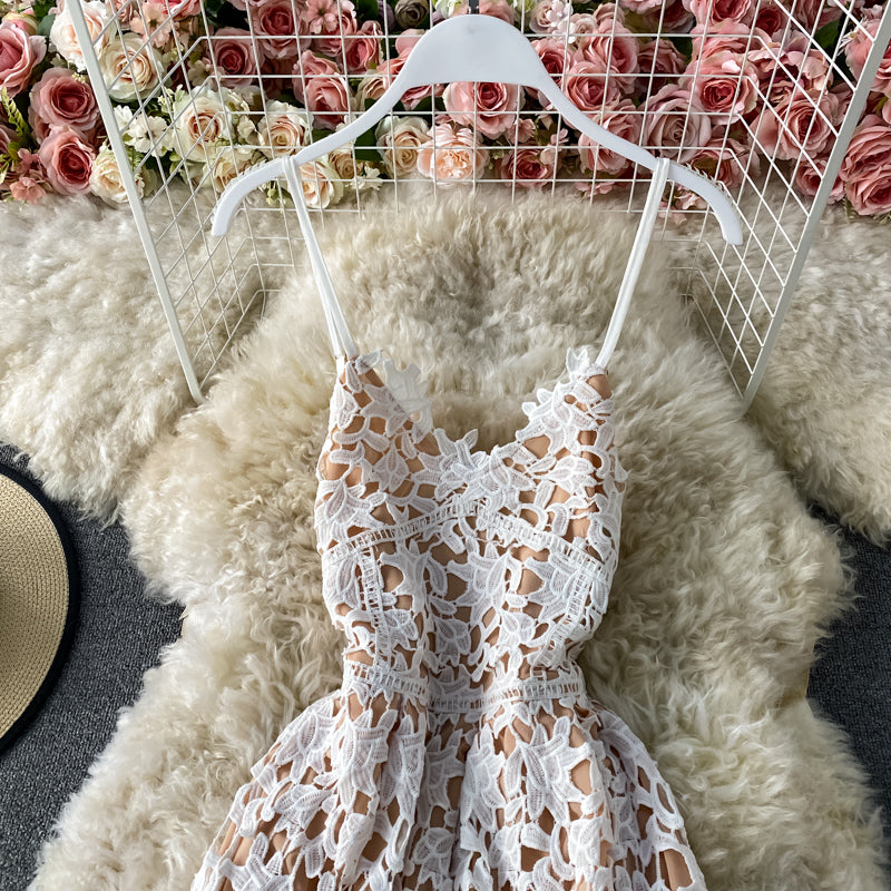 Sling one shoulder hollowed out water-soluble lace dress 2801