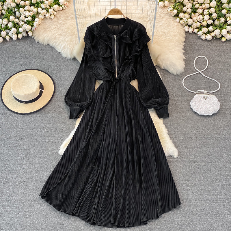 Bubble sleeve waist closing thin Ruffle Pleated Dress 3386