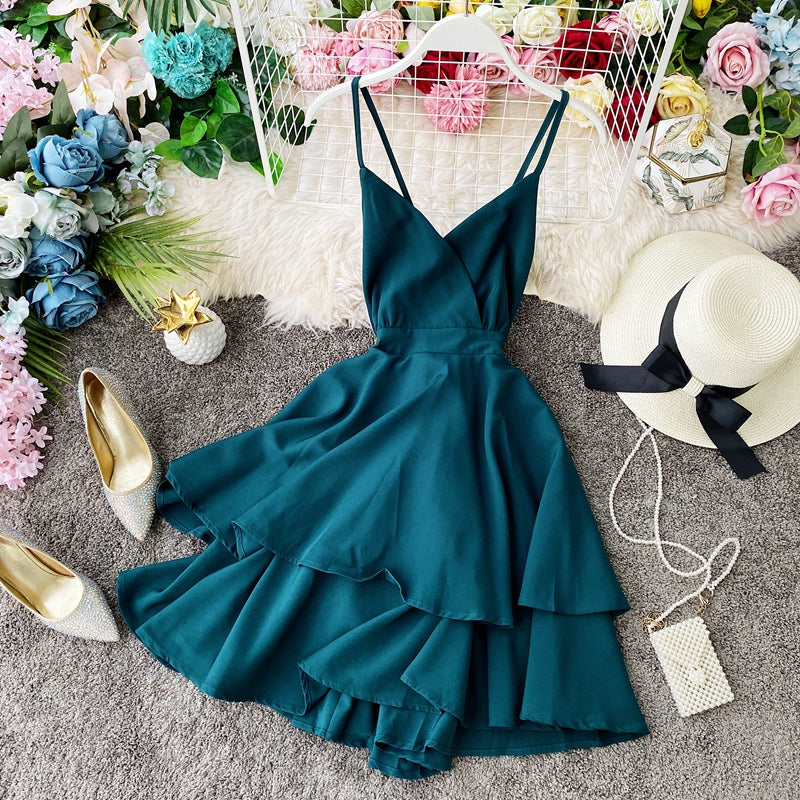 Lotusblatt-Swing-Kleid mit offenem Rücken und überkreuztem Hosenträgerrock, Taillenverschluss 2946