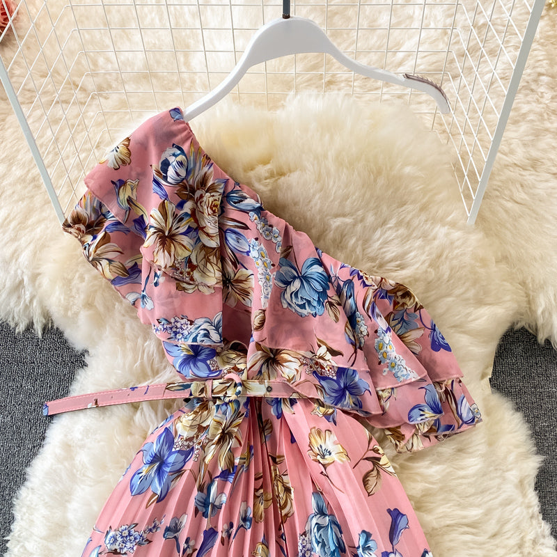 Ruffle waist Pleated Chiffon Floral Dress 2972