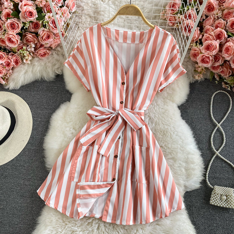 Celebrity temperament V-neck stripe lace up waist dress 2962