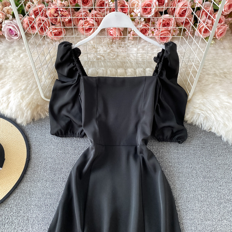 Französisches Retro-Kleid mit eckigem Ausschnitt und Blasenärmeln an der Taille 2940