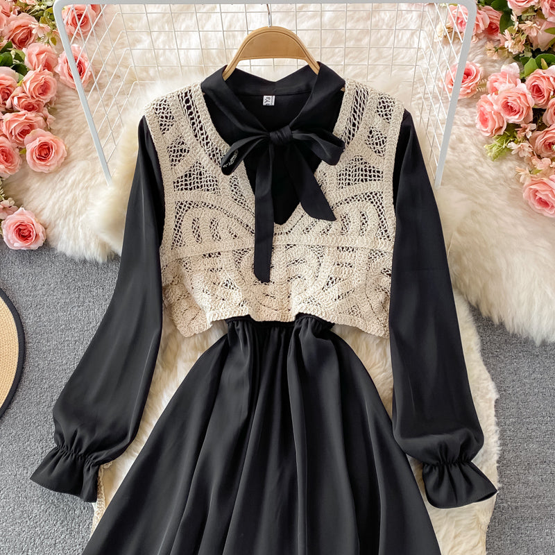 Koreanisches langärmliges Schleifenkleid mit schmaler Taille 2862