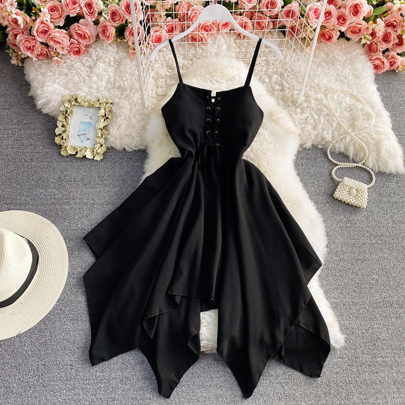 Solid lace up slim sleeveless irregular large hem strapless dress 2721