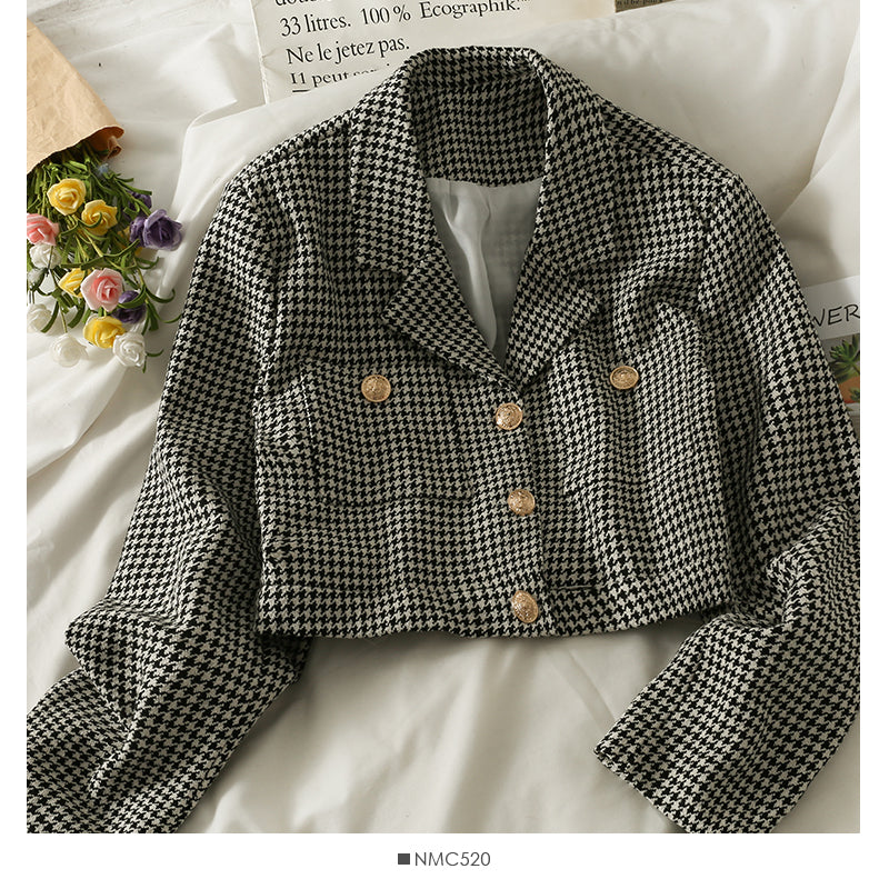 Korean retro thousand bird grid short single breasted jacket female 2099