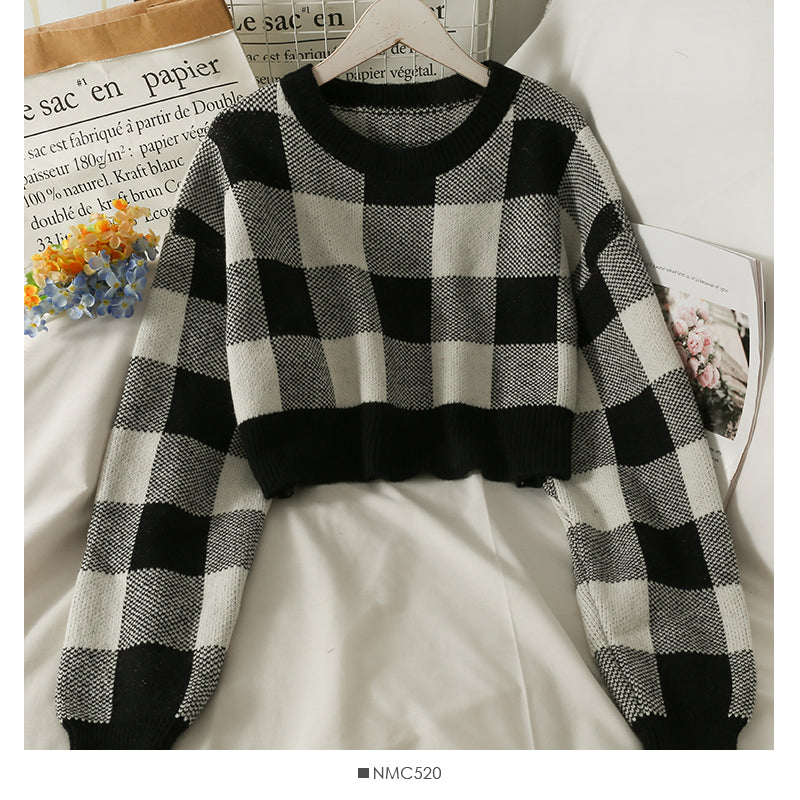 Korean color blocking Plaid round neck long sleeve Pullover short sweater 1968